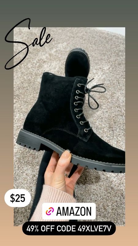 $25 combat boots black or brown suede Amazon discount code: 49XLVE7V

I went with my true size and they fit perfectly 👍🏻 

#LTKshoecrush #LTKFind #LTKunder50