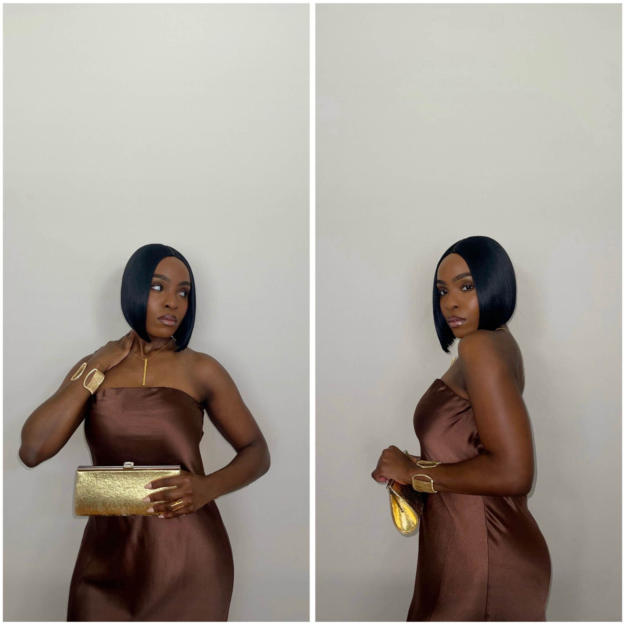 Satin slip halter dress, silk midi dress, strapless midi dress outfit, brown slip dress outfit idea 