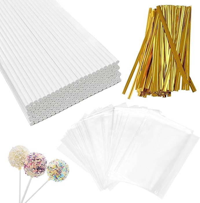 4-inch White Lollipop Sticks and Bags Set, 100Pcs Paper Candy Sticks,100Pcs Clear Bags, 100Pcs Tw... | Amazon (US)