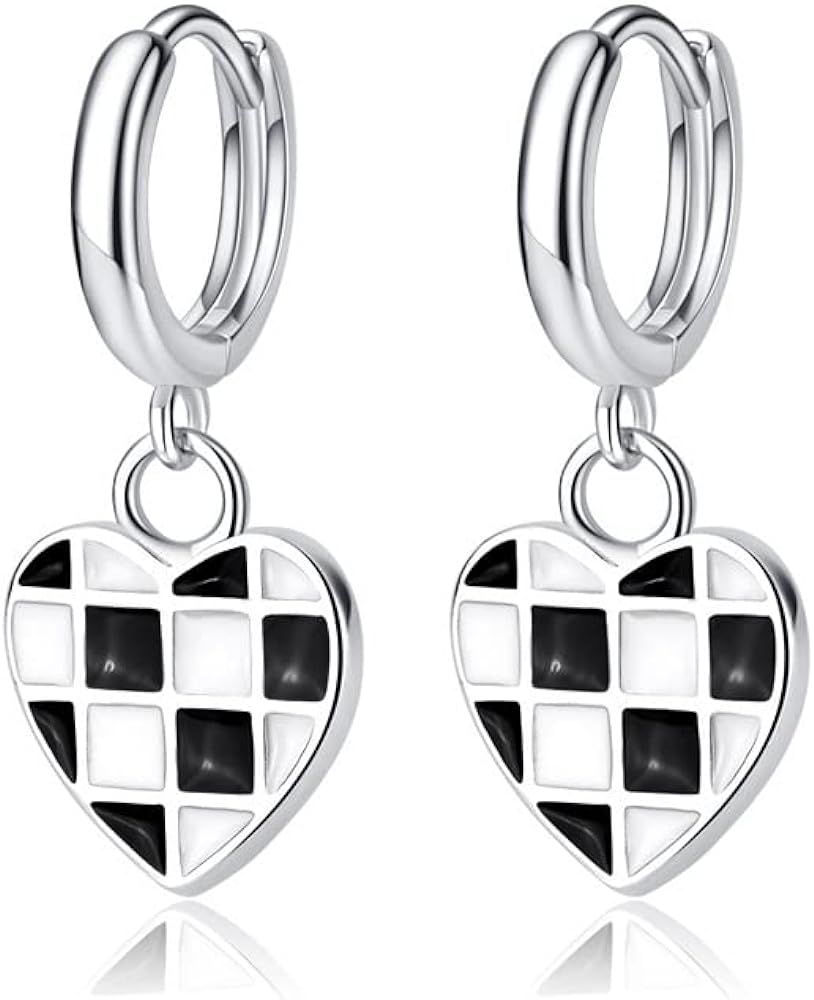 Black White Plaid Heart Charm Drop Hoop Earrings Cartilage Hypoallergenic Sterling Silver Plated ... | Amazon (US)