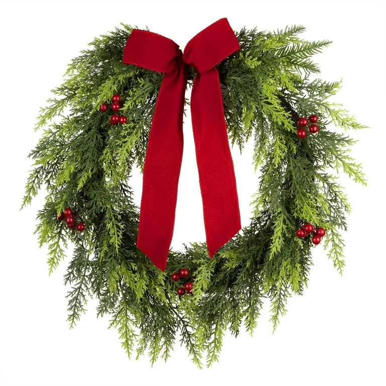 24 in. Feel Real®Artificial Christmas Wreath, Green, Christmas Classic, Red Berries, Cypress Tip... | Walmart (US)