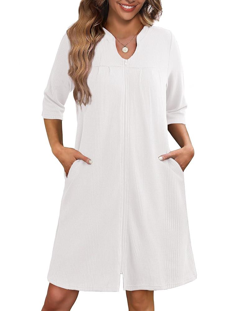Ekouaer Zipper Robes for Women 3/4 Sleeve Waffle Knit Bathrobe Lightweight Short Housecoat with P... | Amazon (US)