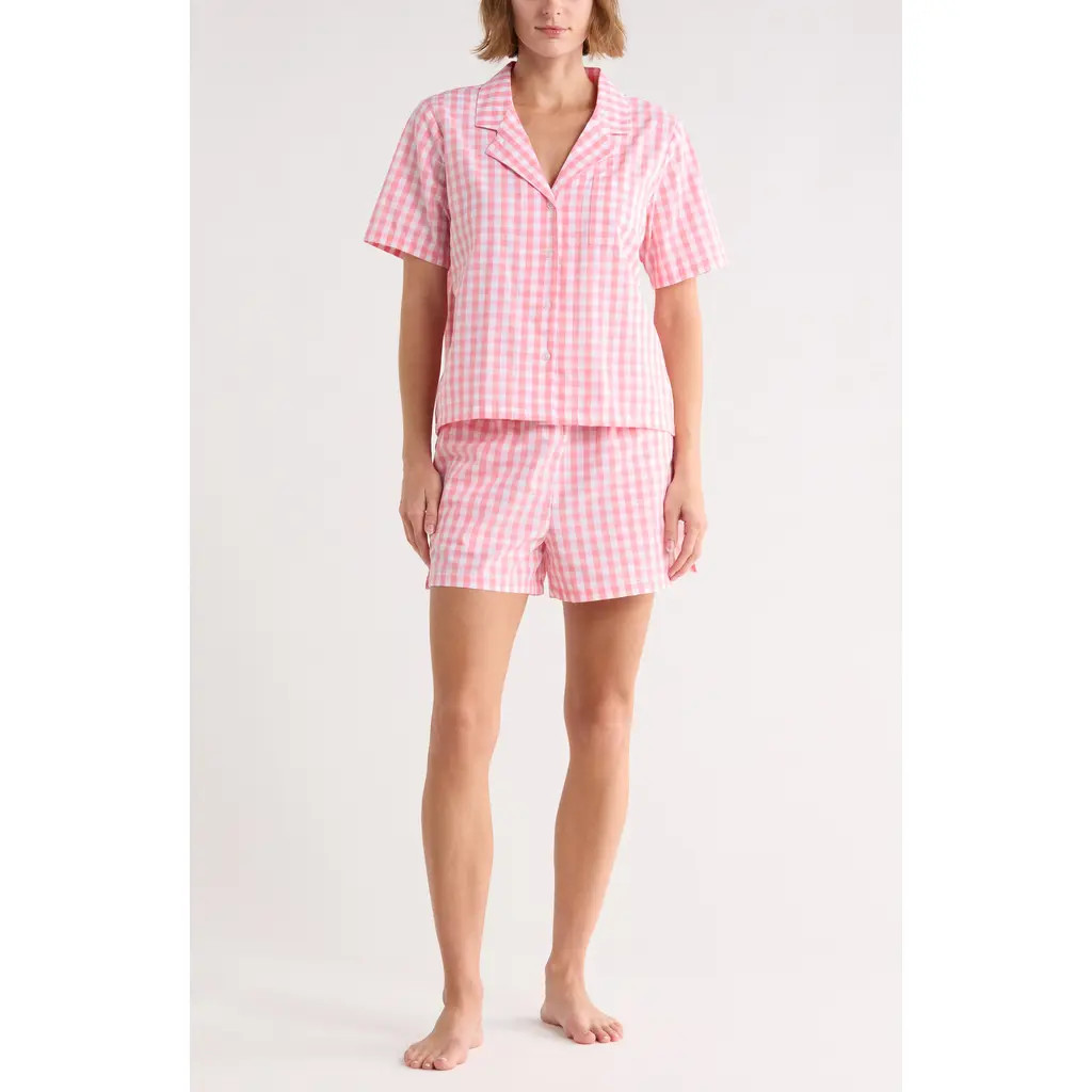 NORDSTROM RACK Cotton Short Sleeve Shirt & Shorts Pajamas in White- Pink Q Ella Gingham at Nordstrom Rack, Size X-Small | Nordstrom Rack