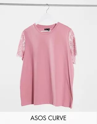 ASOS DESIGN Curve t-shirt with lace sleeve detail in dusty pink | ASOS (Global)