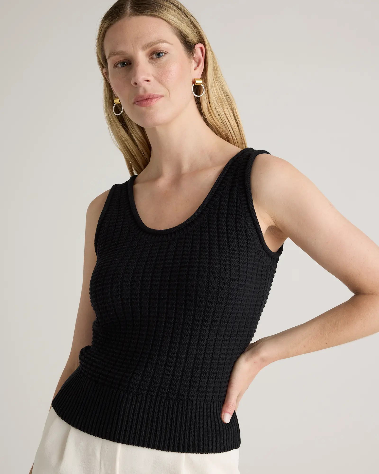100% Organic Cotton Waffle Cropped Sweater Tank in Black | Quince