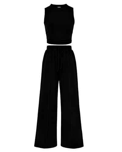 BTFBM Women Summer 2 Piece Outfits 2025 Beach Crew Neck Sleeveless Cropped Top Elastic Waist Wide Leg Pants Lounge Set(Black, Large) | Amazon (US)