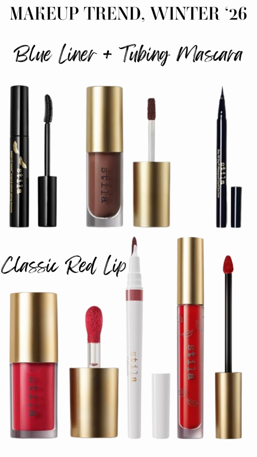 Trending now! GLAM MAKEUP! Makeup 2026 LTK Beauty finds shop LTK finds under $50. Classic red lip and trending midnight blue, dark navy blue eyeliner and brown liquid buildable, easy to blend  eyeshadow. Stila cosmetics must haves for trending chic old Hollywood glam cruelty free makeup. LTK seasonal makeup refresh ! LTK morning routine makeup and LTK nighttime glam going out LTK self care 

#LTKFindsUnder50 #LTKBeauty #LTKSeasonal