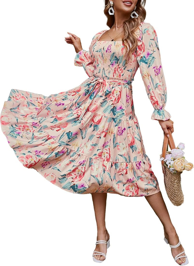 Amegoya Women's Boho Flowy Long Sleeve Square Neck Floral Midi Dress Smocked Spring Fall Wedding ... | Amazon (US)
