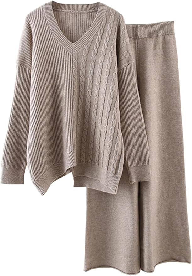 hathne 2 Piece Outfits for Women Sweater and High Waist Wide Leg Pants Lounge Sets Long Sleeve Kn... | Amazon (US)