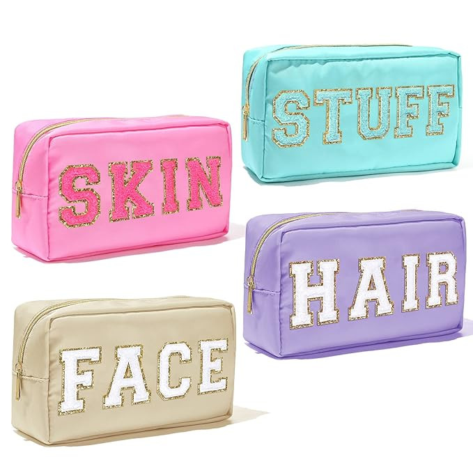 4Pcs Nylon Preppy Makeup Bag Chenille Letter Cosmetic Bag Pouch Zipper Preppy Travel Organization... | Amazon (US)
