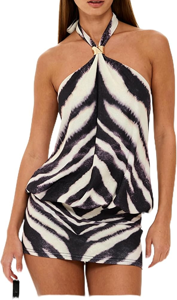 Womens Halter Dress Mini Sexy Backless Sleeveless Ruched Bodycon Club Dresses Beach Vacation Outf... | Amazon (US)