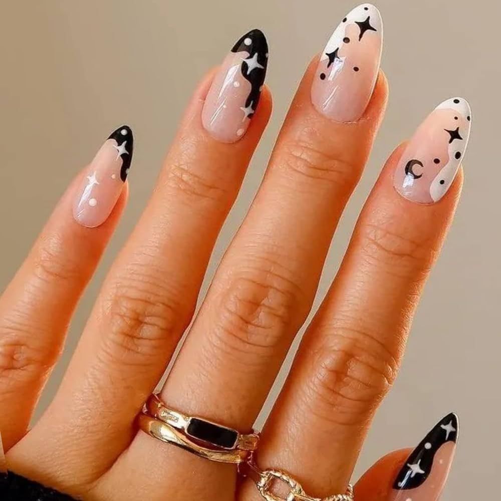 GLAMERMAID Black Press on Nails Medium Almond, Emo Fake Nails Short with Gothic Eyes Desgin, Dark... | Amazon (US)