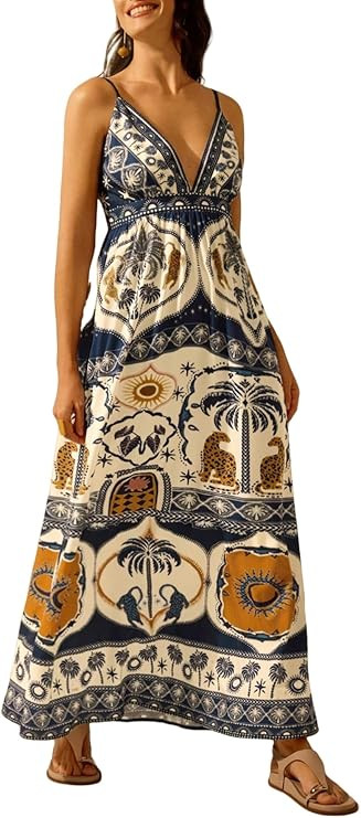 SHENHE Women's Summer Tropical Floral Maxi Dress Spaghetti Strap V Neck Flowy Vacation Dresses | Amazon (US)