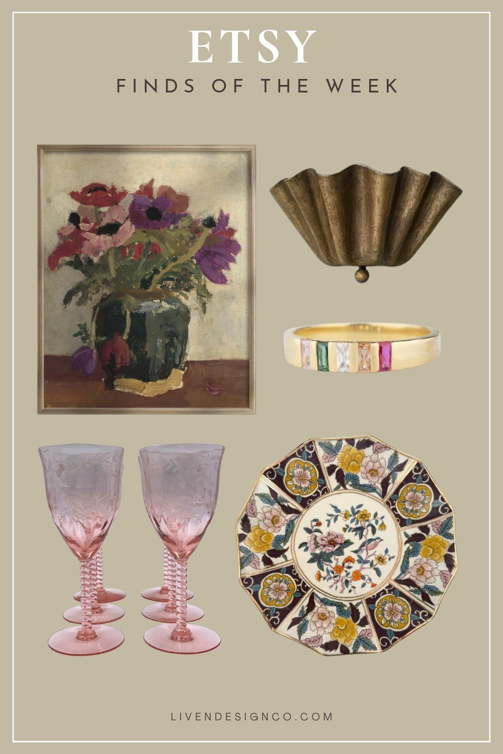 Etsy decor. Home decor. Ruffled wall sconce. Birthstone ring. Decorative dessert plate. Vintage glassware. Pink glasses. Floral art print. 

#LTKSeasonal #LTKHome #LTKSaleAlert