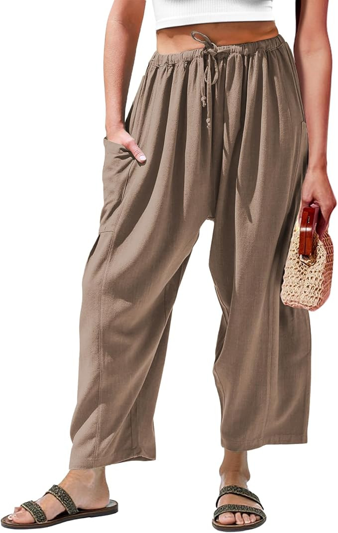 Duyang Women Linen Wide Leg Pants Casual Summer Palazzo Pants Beach Vacation Outfits Flowy Loose ... | Amazon (US)