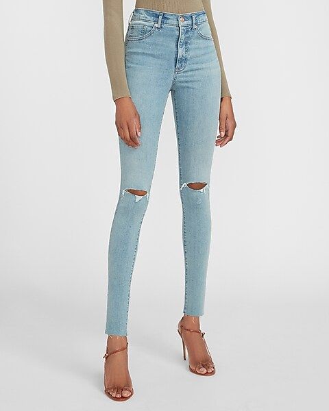 High Waisted Supersoft Ripped Raw Hem Skinny Jeans | Express