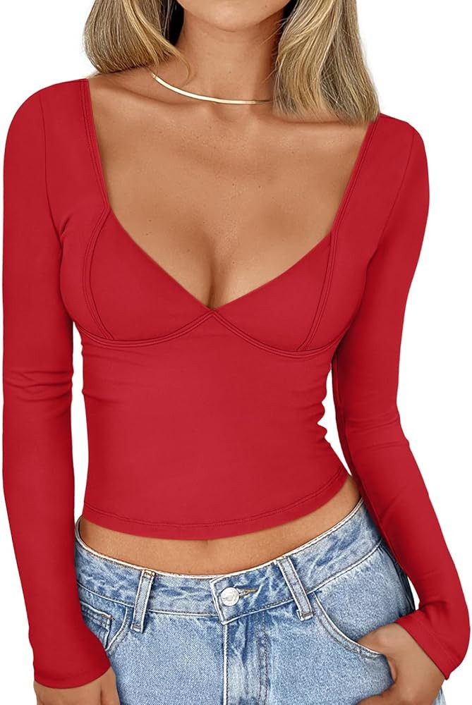 Trendy Queen Womens Long Sleeve Deep V-Neck Crop Tops Basic Y2K Going Out Tops Fall Outfits 2024 ... | Amazon (US)