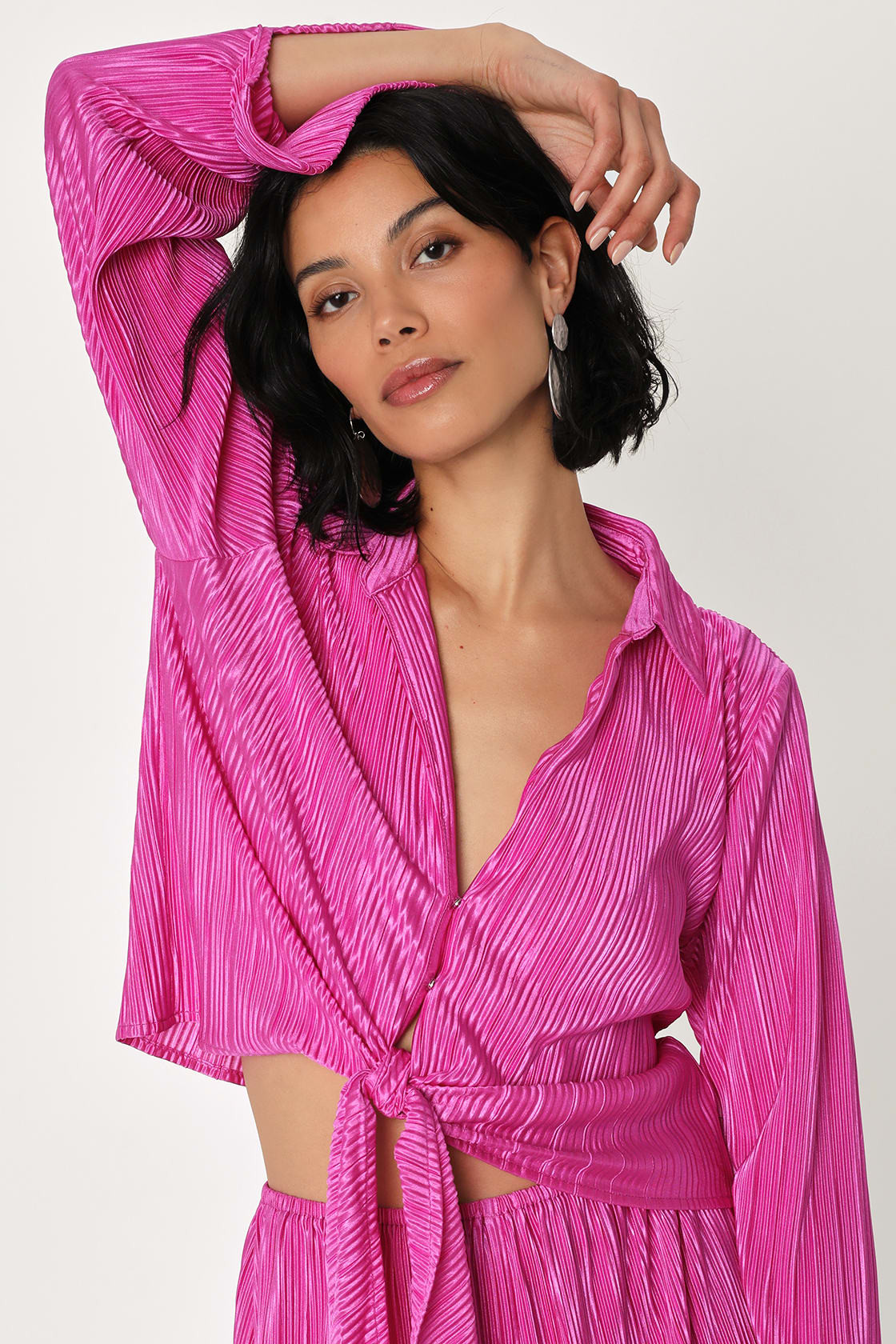 Casually Luxe Fuchsia Satin Plisse Tie-Front Top | Lulus (US)