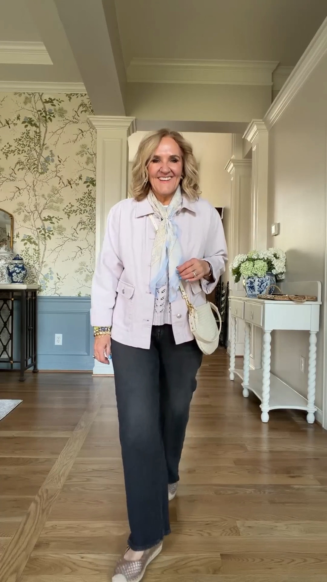  Lilac and soft grey 
Jeans size 29 waist 28 inseam 
Lightweight barn jacket size medium petite vest size medium 
Bracelet 20% off code NANETTE20

#LTKspring #LTKOver40 #LTKSaleAlert

 