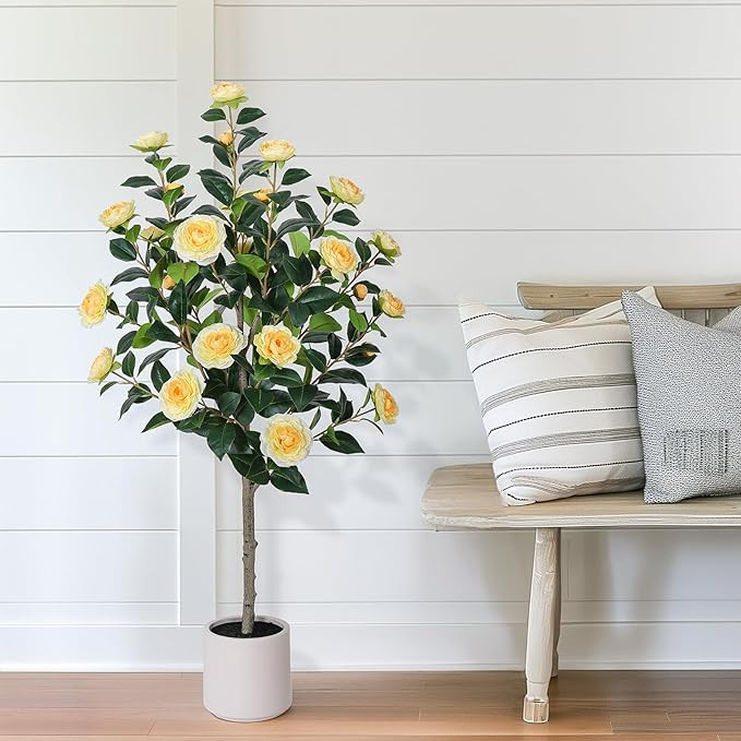 47"Artificial Camellia Tree with White Flower Pots - Yellow Fake Plants,Faux Floral Tree Blooming... | Amazon (US)