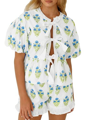 Aoysky Womens Floral 2 Piece Short Sets Summer Vacation Outfits Puff Sleeve Babydoll Blouse Ruffle Shorts Matching Set | Amazon (US)