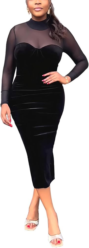 Bluewolfsea Women's Sexy Long Sleeve Sheer Mesh See Through Bodycon Mini Dress Slim Fit Party Clu... | Amazon (US)