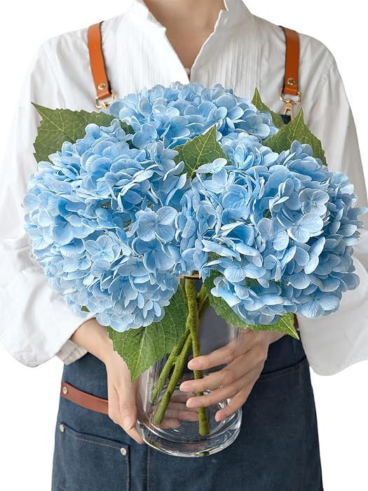 Light Blue Flowers Real Touch Artificial Hydrangeas, 3Pcs 21”Large Royal Latex Silk Flowers,Lon... | Amazon (US)