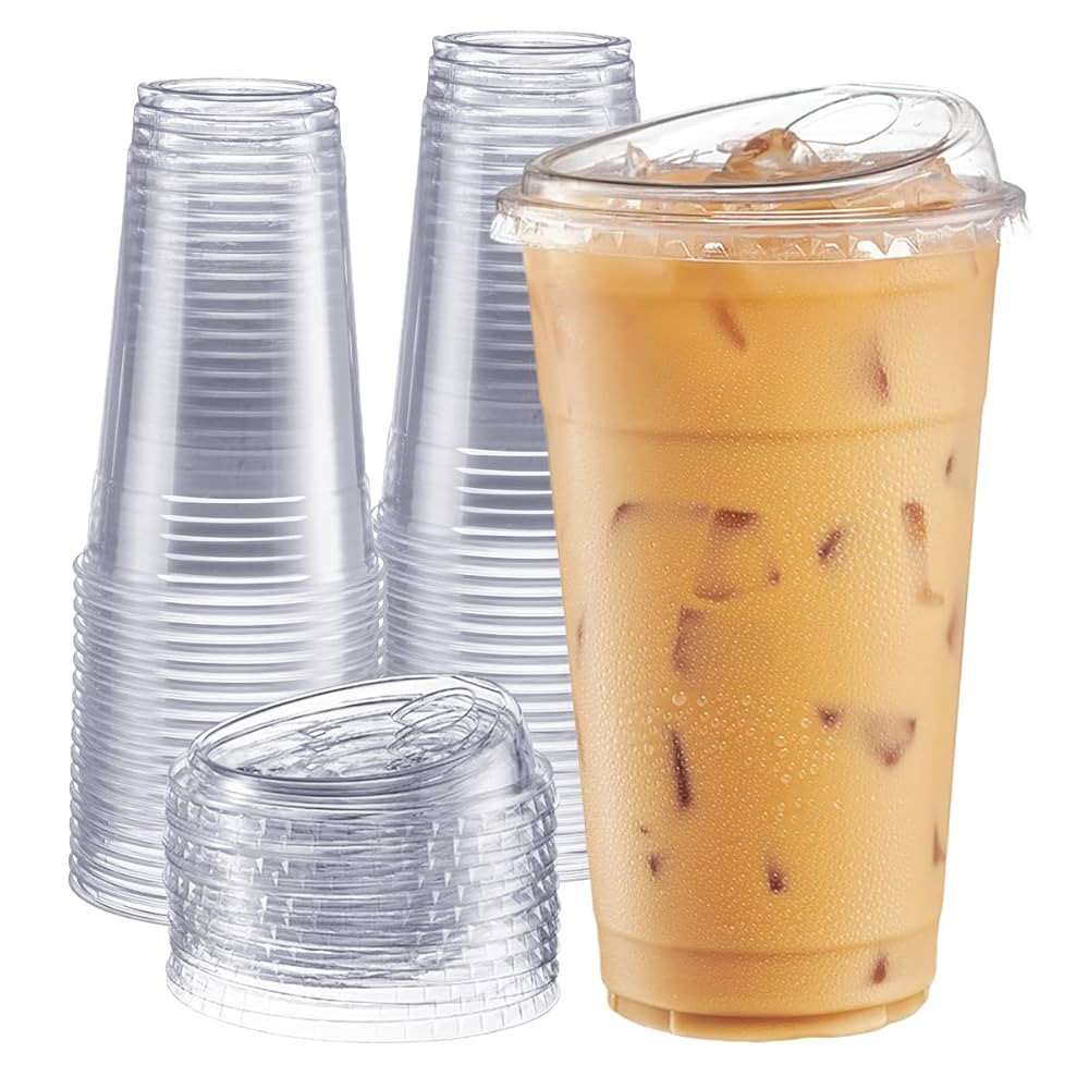 GUSTO Clear Plastic Cups with Lids [24 oz - 100 Count - Disposable Iced Coffee Drink Cups with St... | Amazon (US)