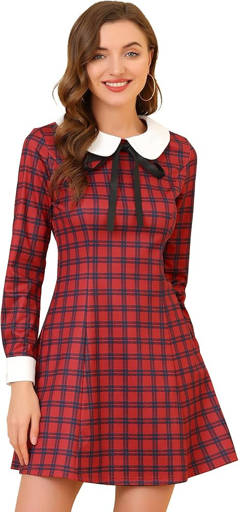 Allegra K Women's Christmas Peter Pan Collar Long Sleeve Mini Plaid Tartan Dress | Amazon (US)