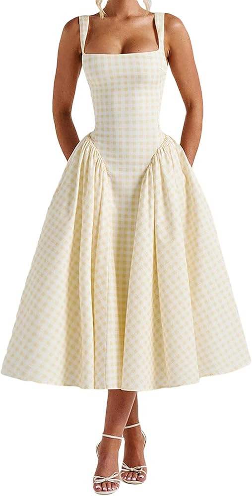 Women Y2K Corset Long Dress Spaghetti Strap Gingham Square Neck Maxi Dresses Backless A Line Cock... | Amazon (US)