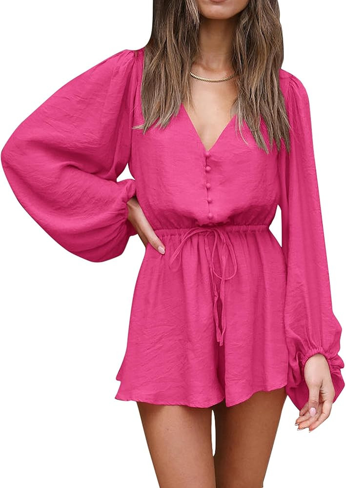 KIRUNDO Women's Fall Lantern Long Sleeve Short Romper Fashion Casual Loose Sexy V Neck Elastic Wa... | Amazon (US)