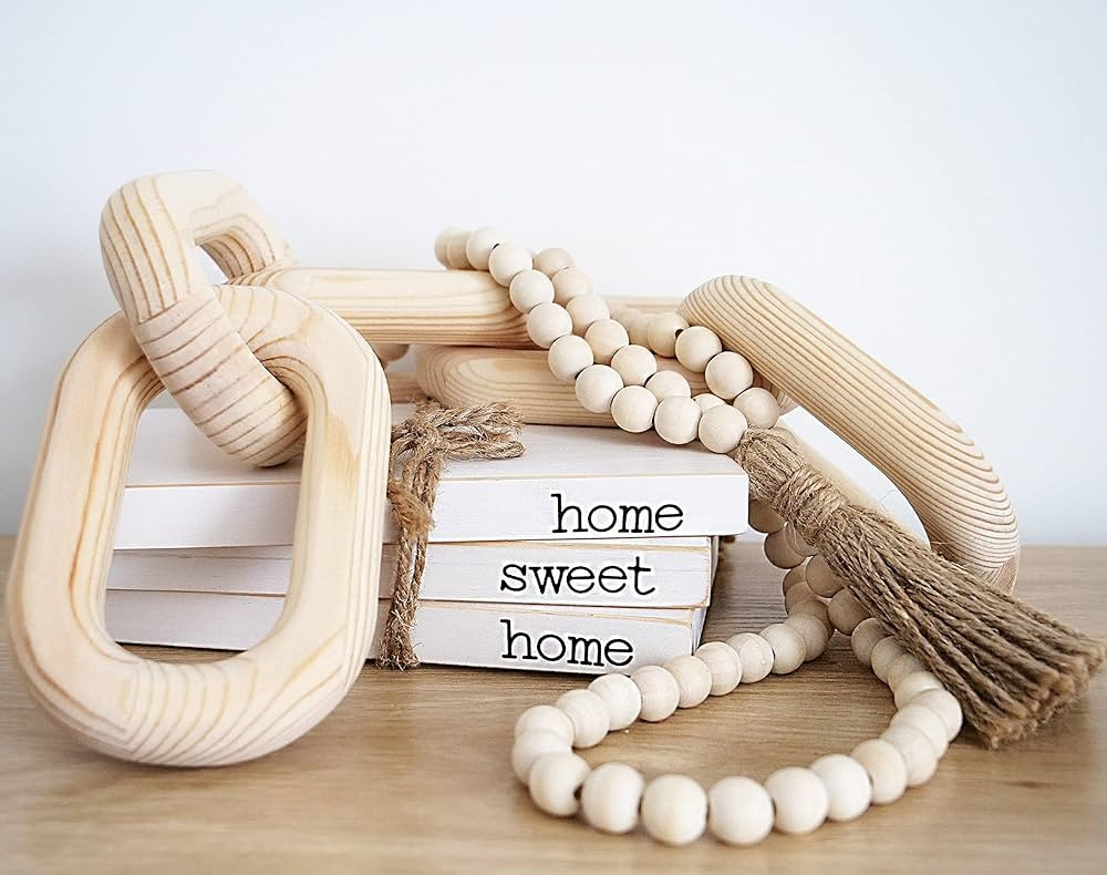 Boho Home Decor Set – 58" Bead Garland – 5 Link Wood Chain – Set of 3 Faux Books – Home S... | Amazon (US)