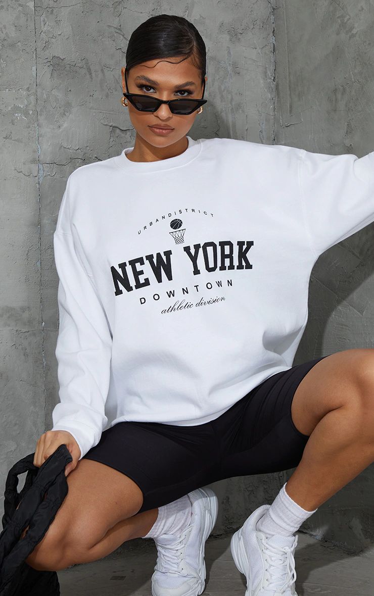 White New York Downtown Graphic Printed Sweatshirt | PrettyLittleThing US