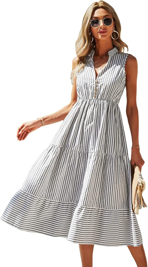 Floerns Women's Striped Print Notched Neck Sleeveless Ruffle A Line Midi Dress | Amazon (US)