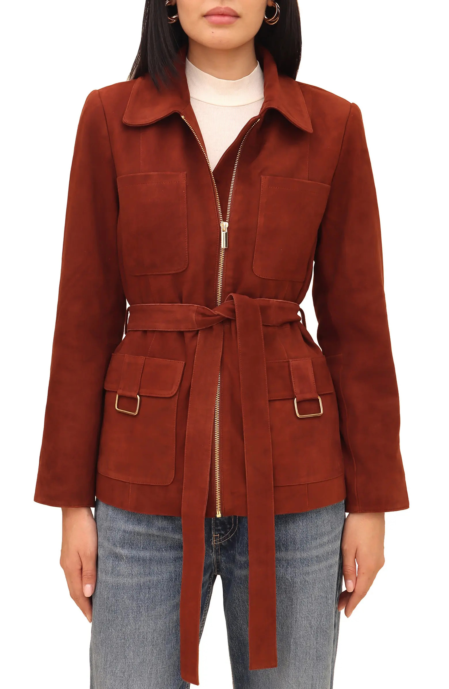 Tie Belt Genuine Suede Utility Jacket | Nordstrom