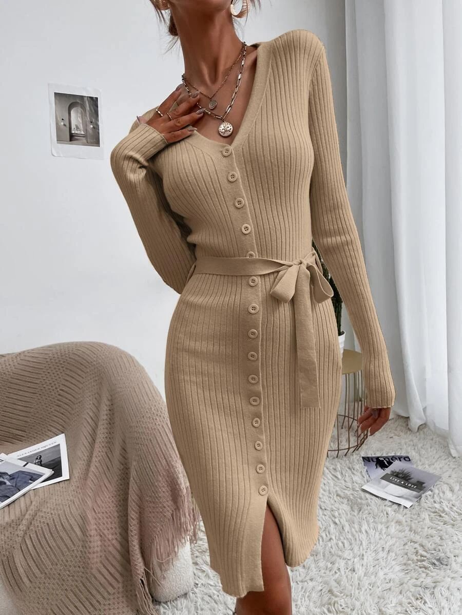 HomeWomen ClothingWomen KnitwearWomen Sweater DressesButton Through Belted Bodycon Sweater Dress | SHEIN