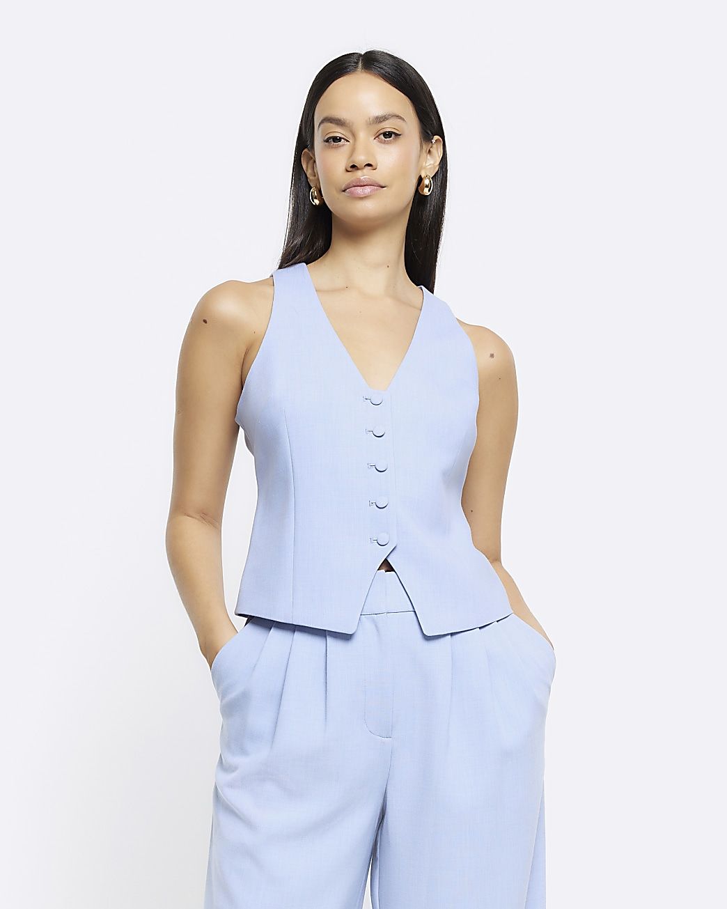 Blue Button Front Waistcoat | River Island (UK & IE)