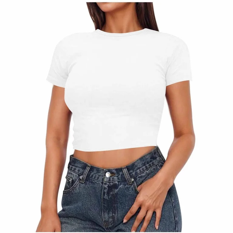 Staron Summer Tops for Women Crop Top Casual Cute Trendy Basic Tight Round Neck Short Sleeve Blou... | Walmart (US)