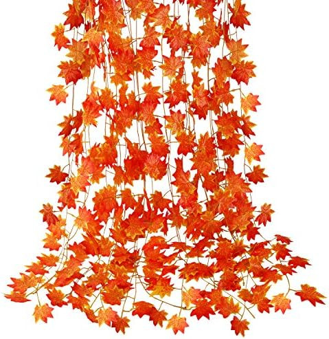 CQURE 12 Pack Fall Leaf Garland, Hanging Vines Garland Artificial Fall Maple Leaves Garland Thank... | Amazon (US)