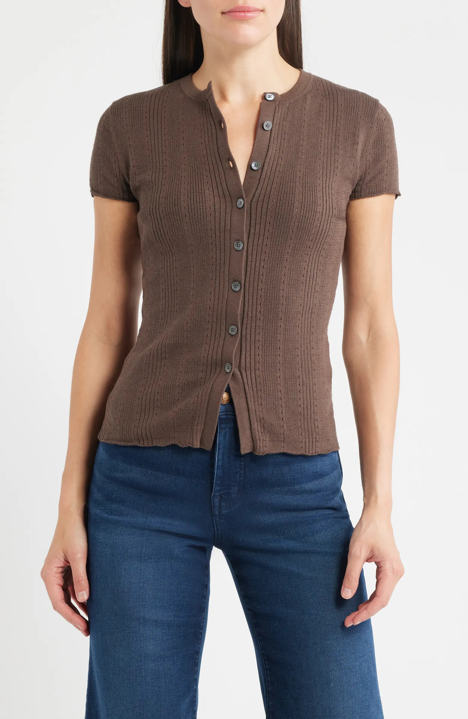 Short Sleeve Pointelle Cotton Blend Cardigan | Nordstrom