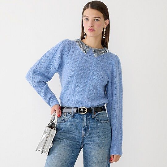 Pointelle cable-knit crewneck with beaded collar | J.Crew US
