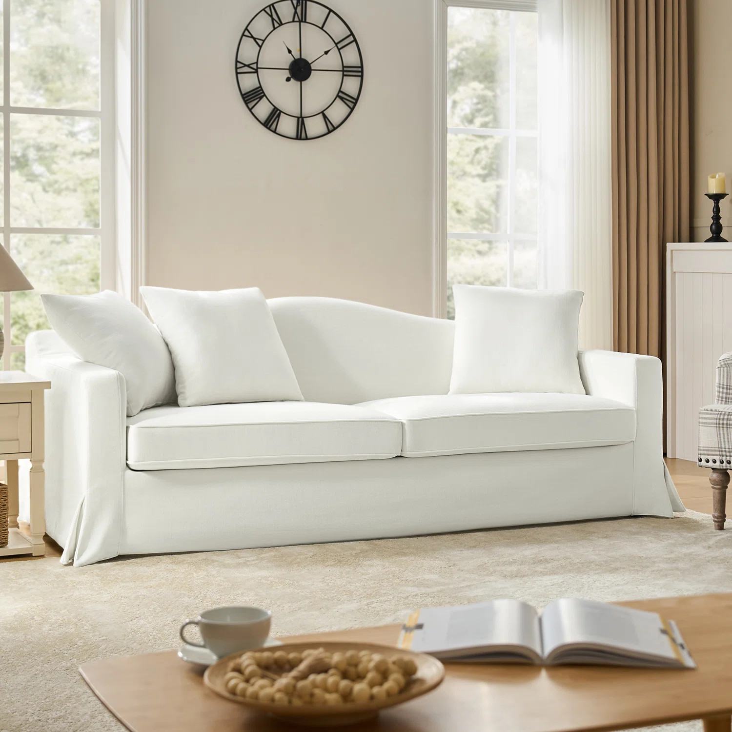 Zalma Transitional 83" Curved Back Slipcovered Sofa with Toss Pillows | Wayfair North America