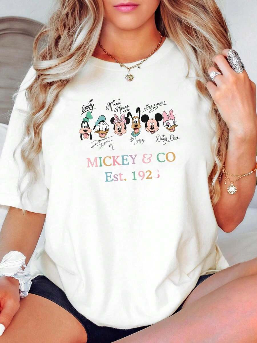 Disney 180g Pure Cotton Vintage Mickey &Amp; Co Est 1928 Pastel Color Shirt, Disney Mickey Mouse ... | SHEIN