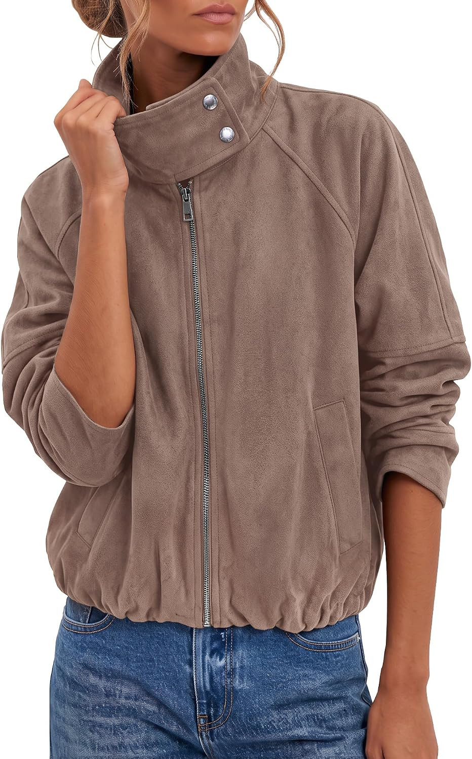 luvamia Faux Suede Jackets Women Oversized Cropped Funnel Neck Zip Up Coats | Amazon (US)