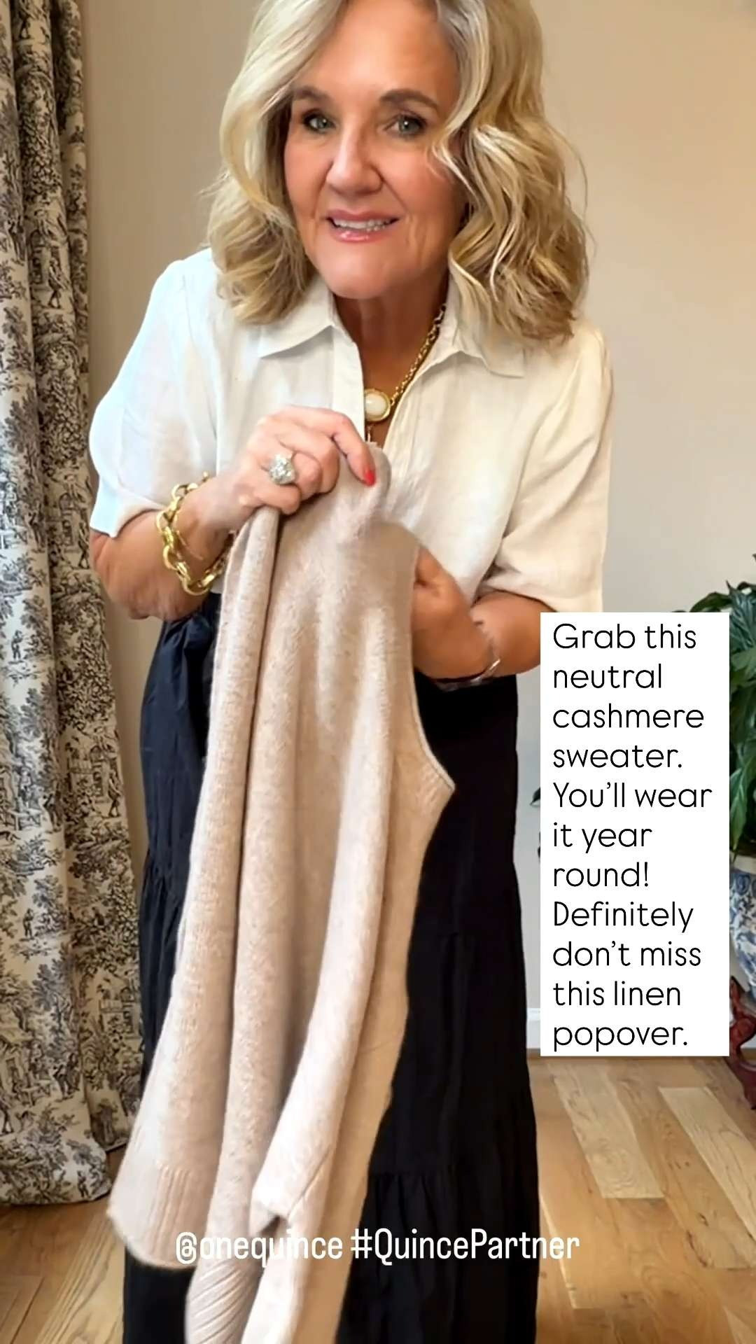 This cashmere sweater layered over a crisp linen popover and paired with a flowy black maxi skirt creates the perfect elevated casual outfit. Timeless, chic, and effortlessly polished for brunch, travel, casual dinners, or everyday style! 🫶🏻 

 #LTKootd #LTKSeasonal #LTKOver40