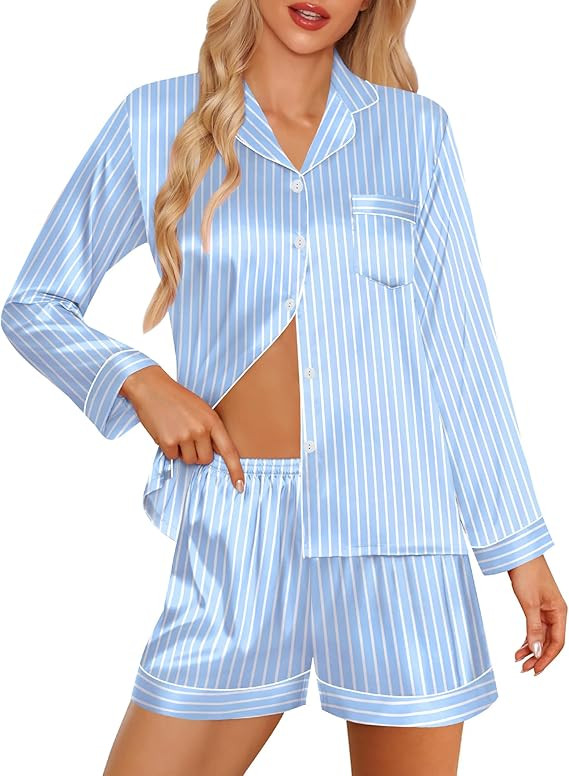 SWOMOG Womens 2 PCS / 3 PCS Pajamas Set Silk Satin Long Sleeve Sleepwear Button Down Loungewear P... | Amazon (US)