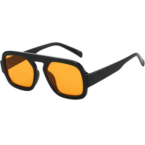 MUNSADE Trendy Square Aviator Sunglasses for Women Flat Top Designer Stylish Frame Sun Glasses Vintage Shades (Black Frame/Orange Lens) | Amazon (US)