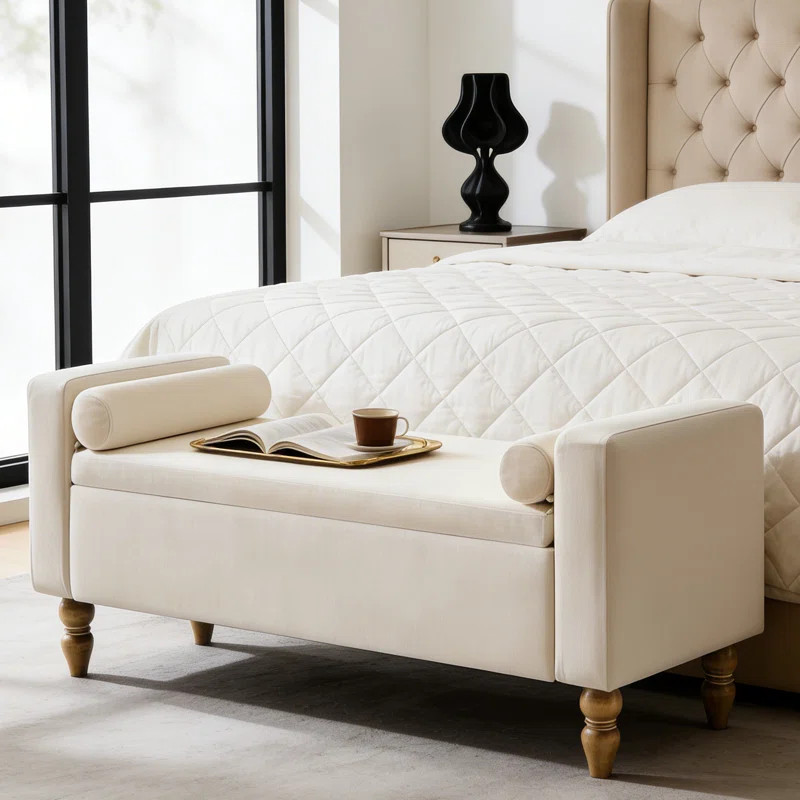 Upholstered Storage Bench with Two Pillows and Arms, Button-Tufted End of Bed Bench for Living Ro... | Wayfair North America