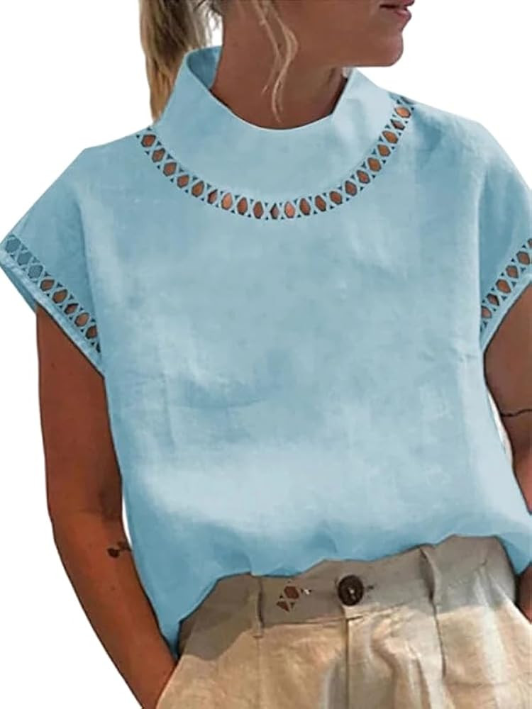 Women\u2019s Cotton Linen High Neck Cap Sleeve Blouse Hollow Cutout Trim Shirt Loose Casual Summe... | Amazon (US)