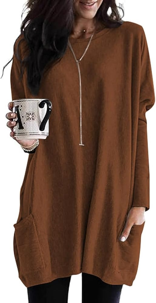 Poetsky Fall Womens Tunic or Tops to Wear with Leggings Long Sleeve Casual Long Shirts with Pocke... | Amazon (US)
